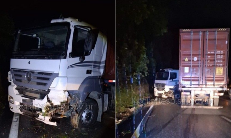 Caminhão foge após colidir em carreta em rodovia do litoral de SP