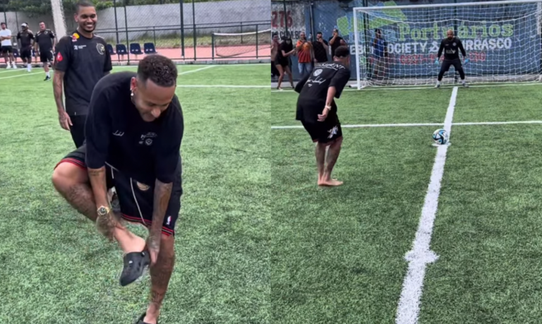 Neymar tira sandália e bate pênaltis em amistoso da Fúria; veja vídeo