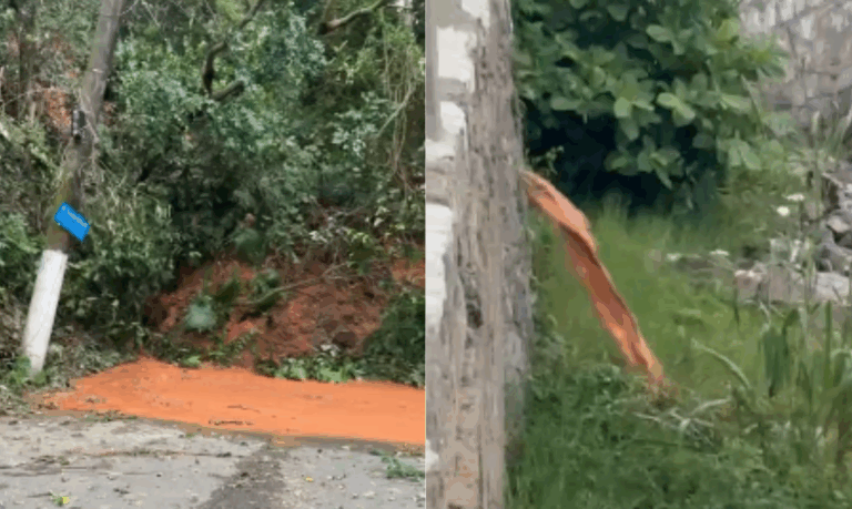 Barranco desmorona após rompimento de adutora da Sabesp na Ilha Porchat, em São Vicente; VÍDEO