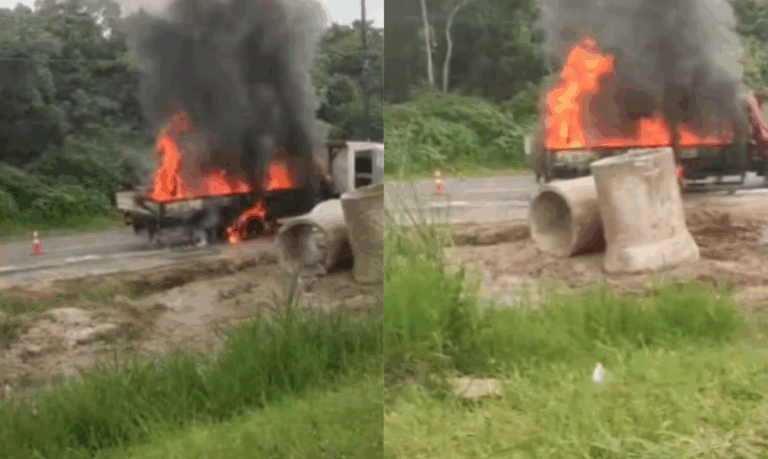 Motorista pula de cabine após caçamba de caminhão ser atingida por incêndio em Praia Grande