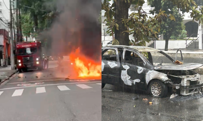 Carro pega fogo e mobiliza Corpo de Bombeiros no canal 3, em Santos; VÍDEO