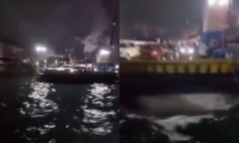 Colisão de balsas Santos-Guarujá assusta motoristas e resulta em queda de motociclista; VÍDEO