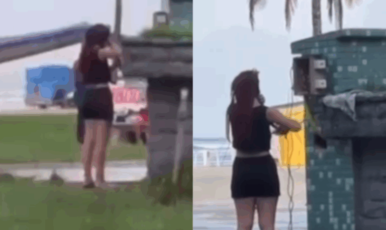 Mulher é filmada usando tomada da orla da praia de Santos para fazer chapinha; VÍDEO