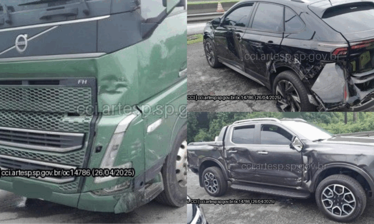 Carreta tenta fazer ultrapassagem mas acaba colidindo com dois carros em rodovia do litoral de SP