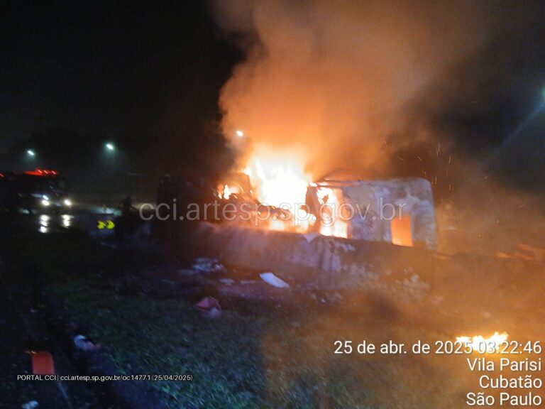 Caminhão que transportava paletes de madeira tomba e pega fogo em rodovia do litoral de SP