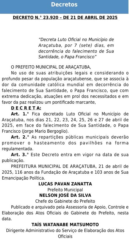 Araçatuba decreta luto oficial pela morte do papa Francisco