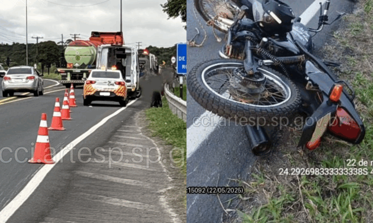 Motociclista que estava sendo rebocado por carro, morre em rodovia do litoral de SP