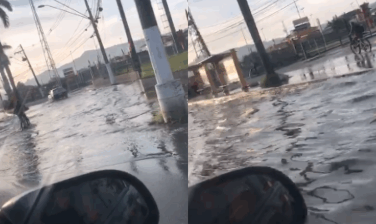 Cano da Sabesp rompe e causa alagamento em avenida de São Vicente; VÍDEO