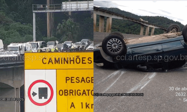 Motorista perde a direção e capota carro em rodovia do litoral de SP