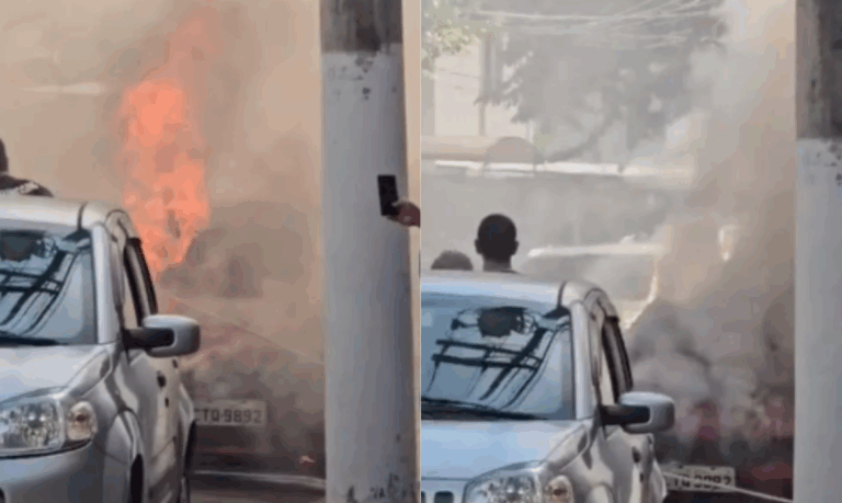 Carro pega fogo e trânsito precisa ser desviado em Santos