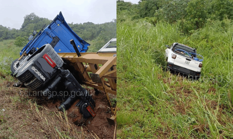 Vítimas ficam presas às ferragens e um evolui a óbito após veículo atingir carreta em rodovia do litoral de SP