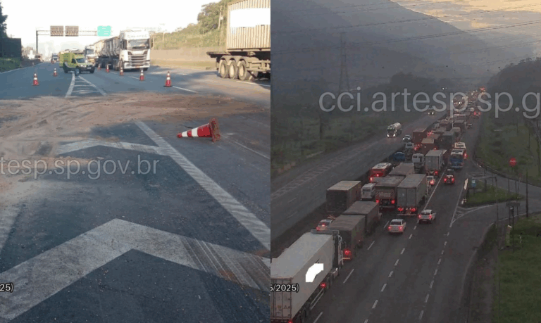 Carreta colide em outra em acesso aos pátios reguladores de Cubatão e caminhoneiro fica ferido