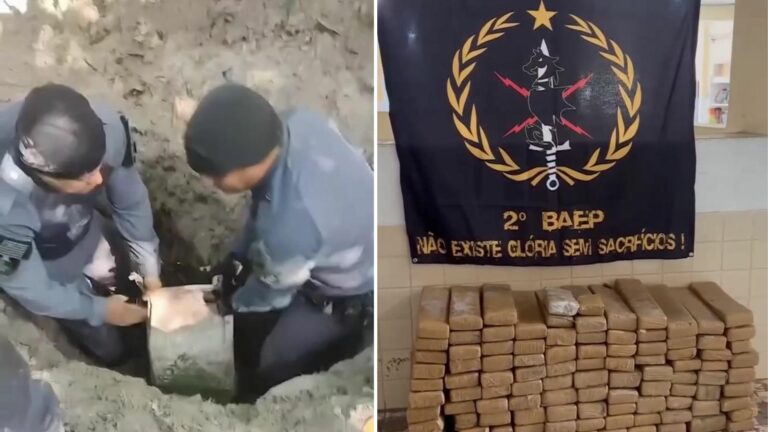 Baep encontra mais de 100 kgs de drogas enterradas em São Vicente e suspeitos fogem
