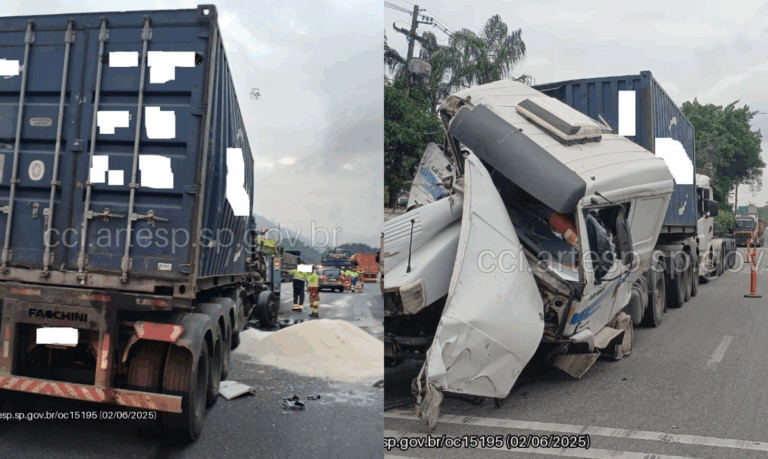 Carretas derrubam açúcar na pista e acidente interdita rodovia do litoral de SP