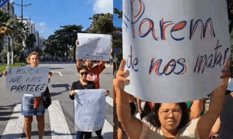 Coletivos feministas da Baixada Santista e Entidades de Defesa dos Direitos das Mulheres realizam ato contra feminicídio em Santos;VÍDEO