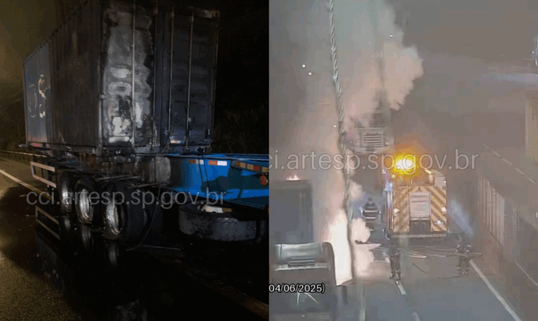 Carreta que transportava glicerina pega fogo e mobiliza o Corpo de Bombeiros em rodovia do litoral de SP