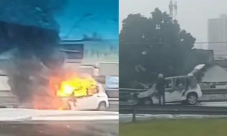 Carro pega fogo na Via Expressa Sul em Praia Grande