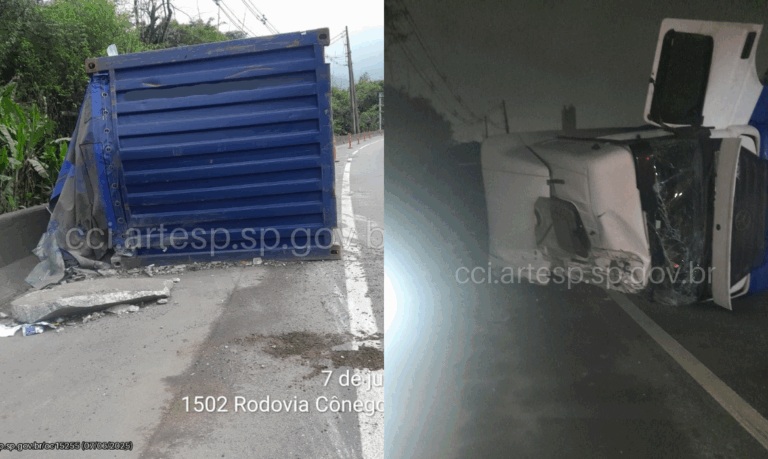 Carreta com carga de vidro tomba e bloqueia rodovia do litoral de SP