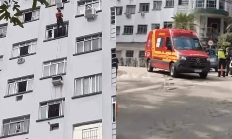 Homem em surto joga eletrodomésticos de prédio e bombeiros precisam entrar pela janela em Santos