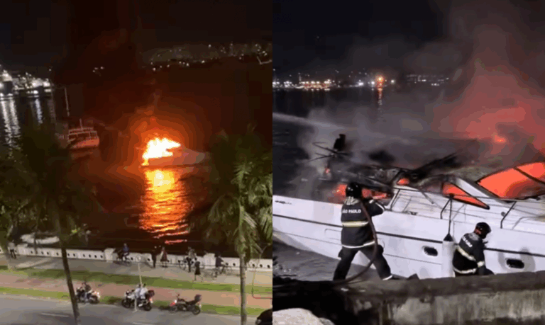 Lancha pega fogo e pessoas embarcadas precisam de atendimento médico em Santos; VÍDEO