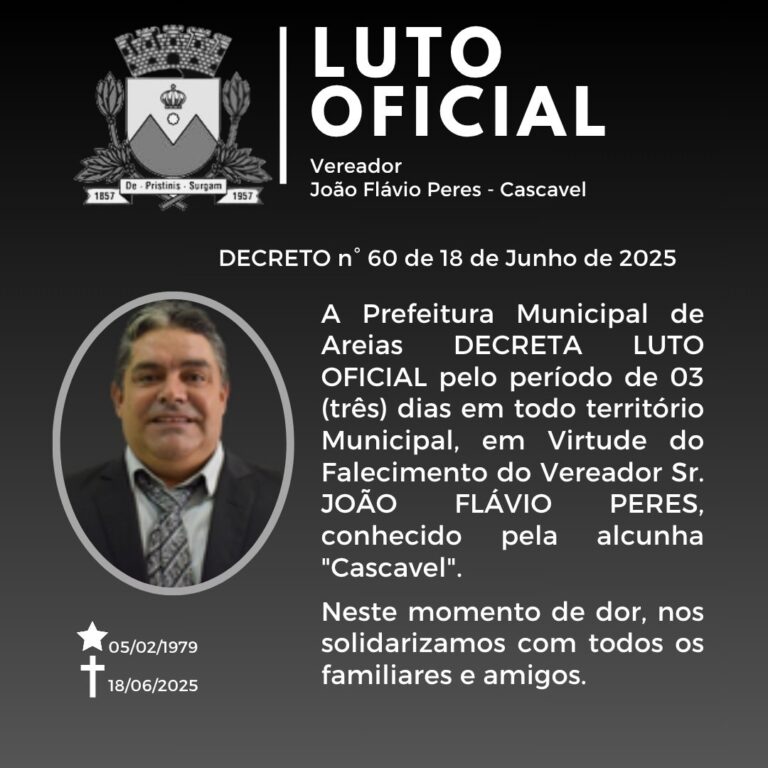 Vereador de Areias morre aos 46 anos e cidade decreta luto oficial de três dias