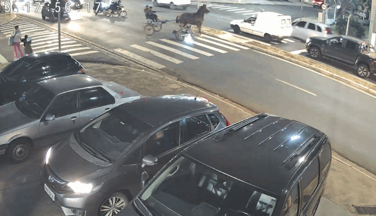 Cavalo com charrete atropela motociclista em cruzamento movimentado de Americana