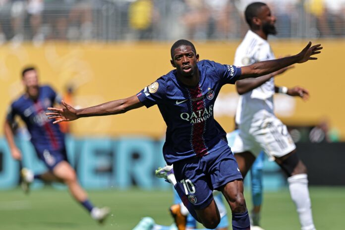Ousmane Dembélé do PSG, comemora o seu gol durante a partida entre PSG e Real Madrid, pela semifinal da Copa do Mundo de Clubes | Heuler Andrey/DiaEsportivo/Folhapress