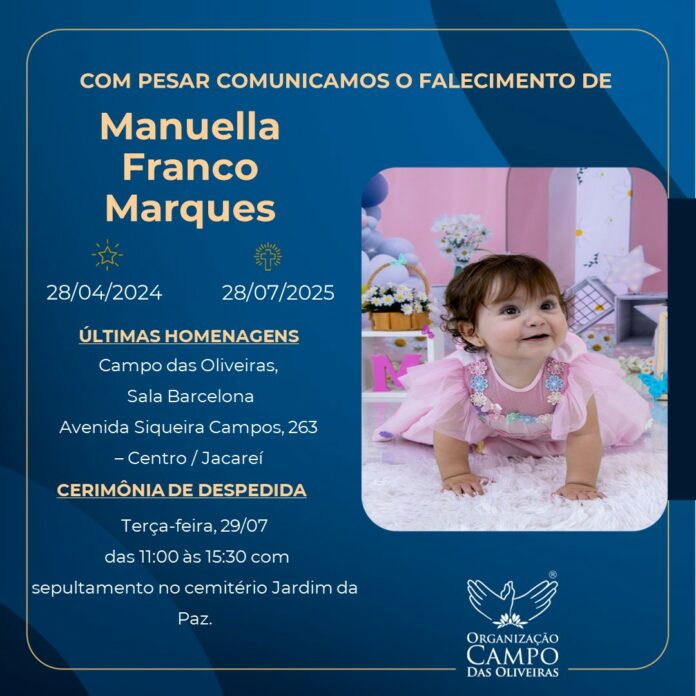Menina de 1 ano e 3 meses que morreu após engasgar em creche é sepultada nesta terça (29) em Jacareí