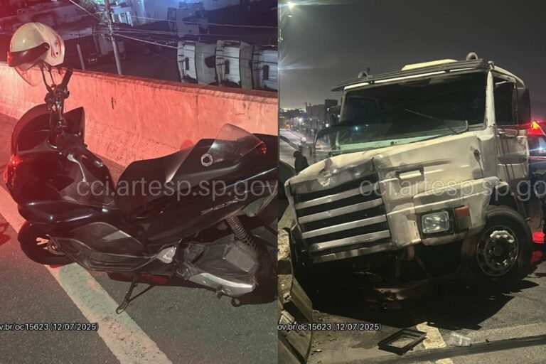 Moto derrapa em viaduto de acesso à rodovia e condutor morre após ser atropelado por caminhão no litoral