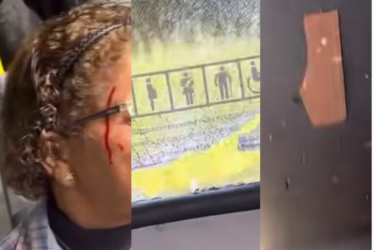 Mulher fica com o rosto machucado após jovens atirarem azulejo em ônibus no litoral