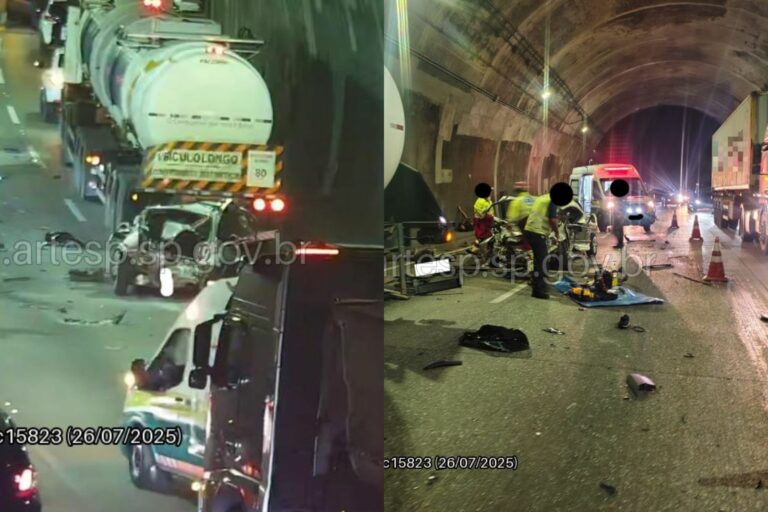 Cinco pessoas ficam feridas em engavetamento entre um ônibus, caminhão e dois carros na Rodovia Imigrantes