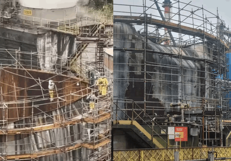 Parte de tanque cede e trabalhadores ficam pendurados em estrutura; VÍDEO