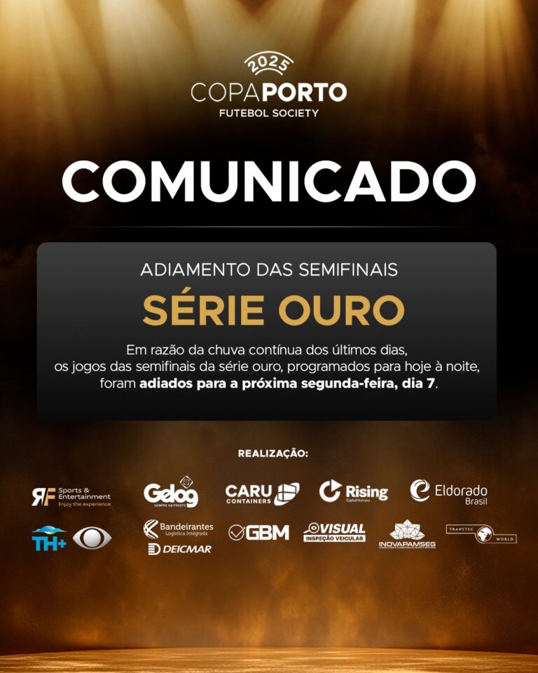 Semifinais da série ouro da Copa Porto são adiadas em razão da chuva