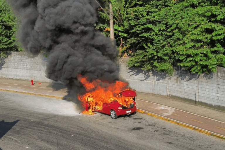 Carro pega fogo na entrada de shopping da Praia Grande