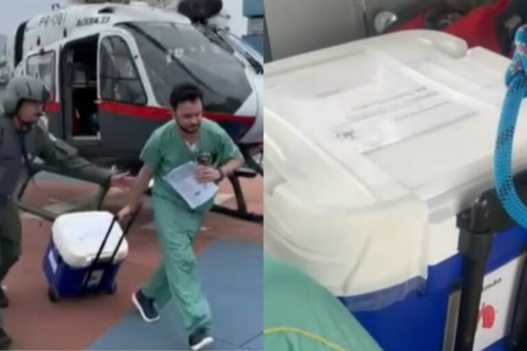 Helicóptero Águia da Polícia Militar realiza transporte de pulmão para transplante do litoral para a capital paulista