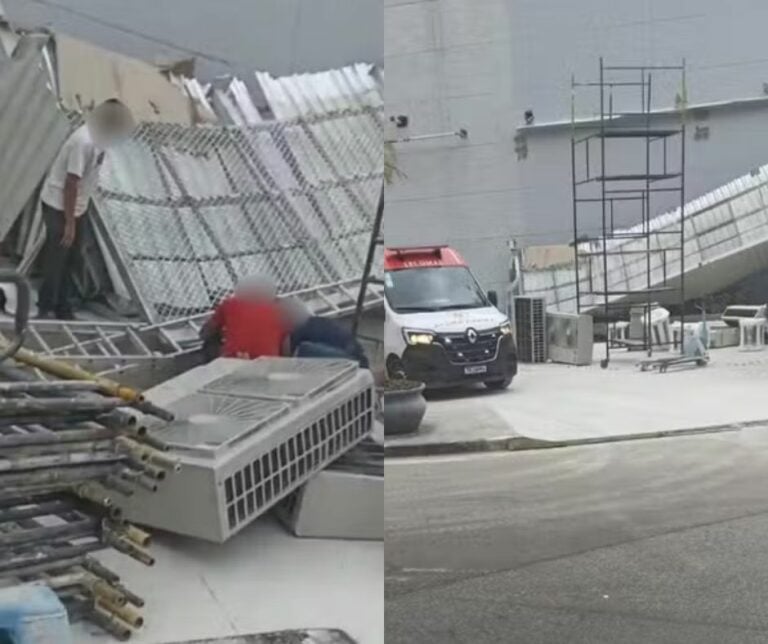Funcionários caem de telhado de shopping em Praia Grande e ficam feridos