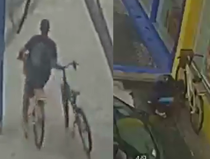 Homem furta bicicleta parada em frente a loja no Guarujá e foge; VÍDEO