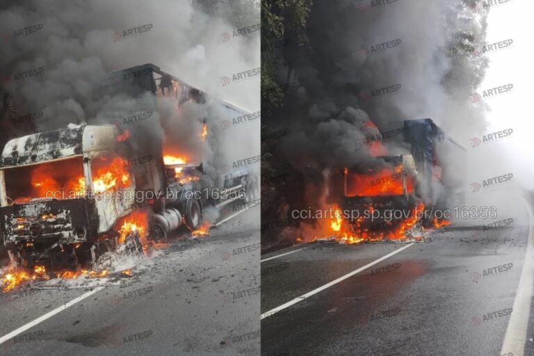 Carreta pega fogo e causa congestionamento em rodovia do litoral