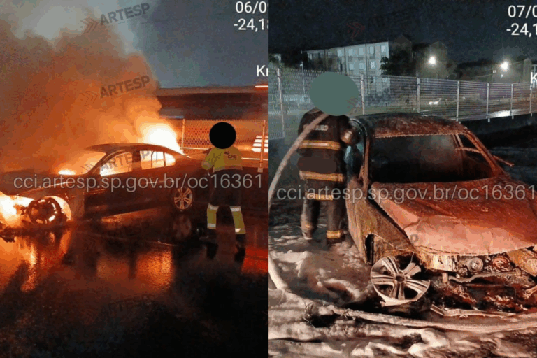 Carro de luxo furtado fica destruído após criminosos perderem o controle e bater veículo em rodovia do litoral