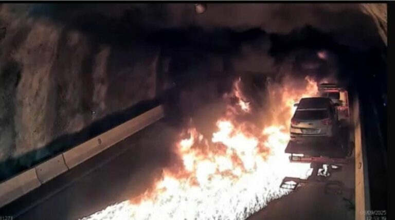 Reboque pega fogo dentro de túnel da Rodovia dos Tamoios