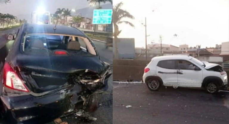 Colisão entre veículos na Via Expressa Sul na Praia Grande deixa motorista ferido