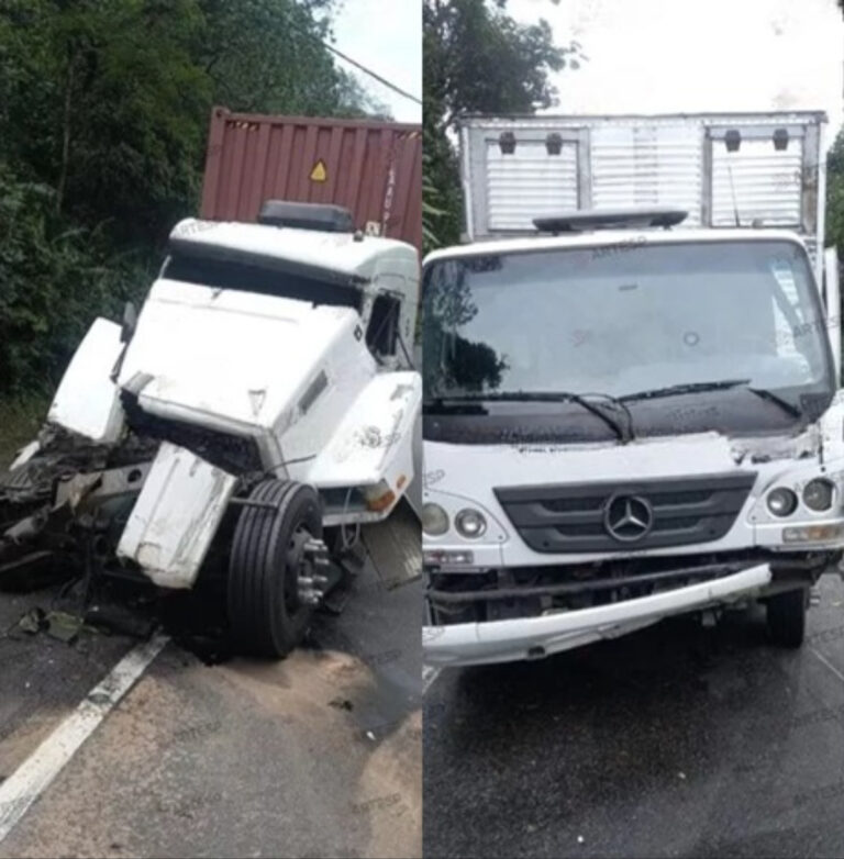 Engavetamento envolvendo três caminhões deixou duas pessoas feridas na Rodovia Anchieta