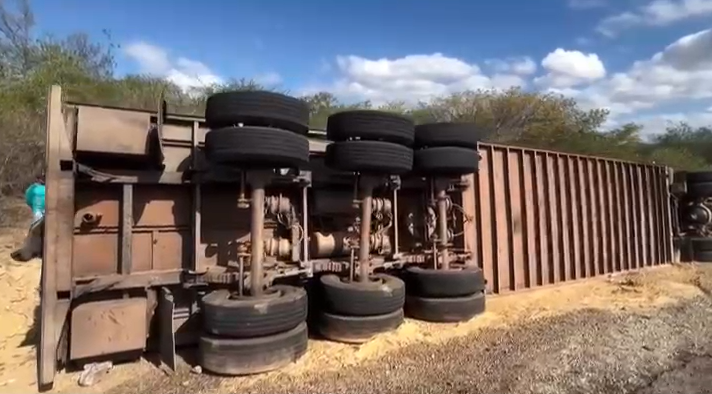 Carreta com cerca de 80 bois tomba na PB-366 e deixa animais mortos no Sertão da Paraíba