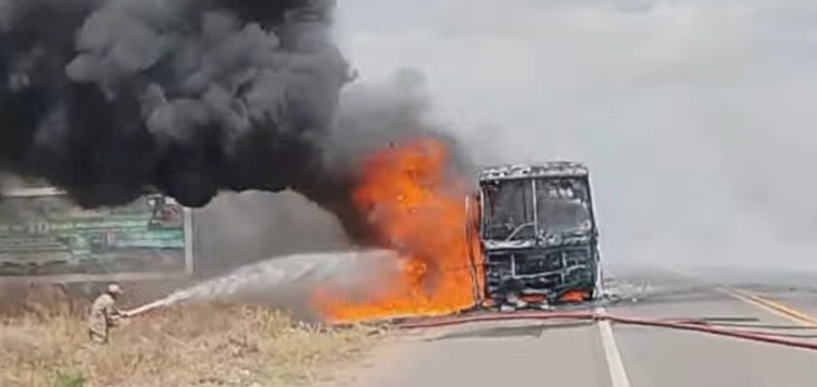 Ônibus pega fogo e é destruído na BR-230 em Sousa