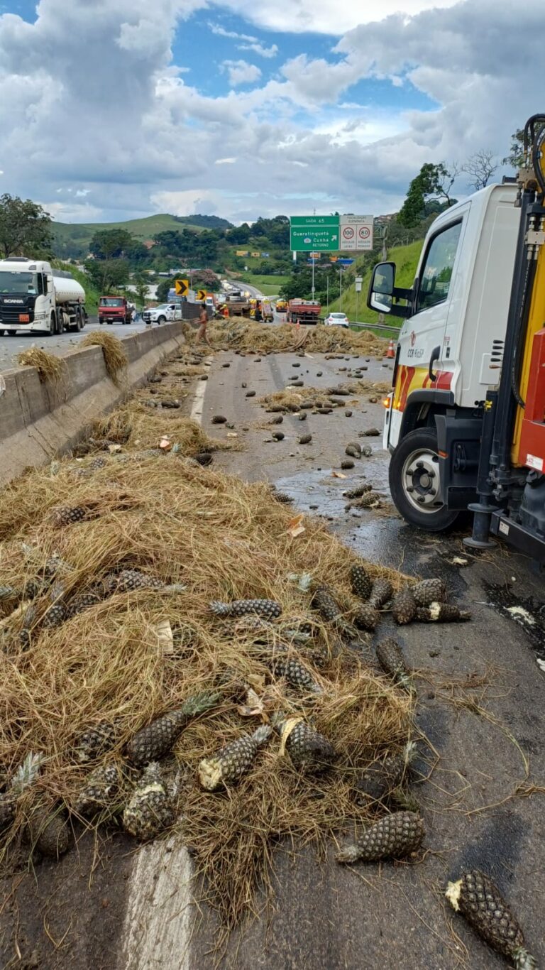 Caminhão bate em mureta da Via Dutra e espalha carga de abacaxi na pista