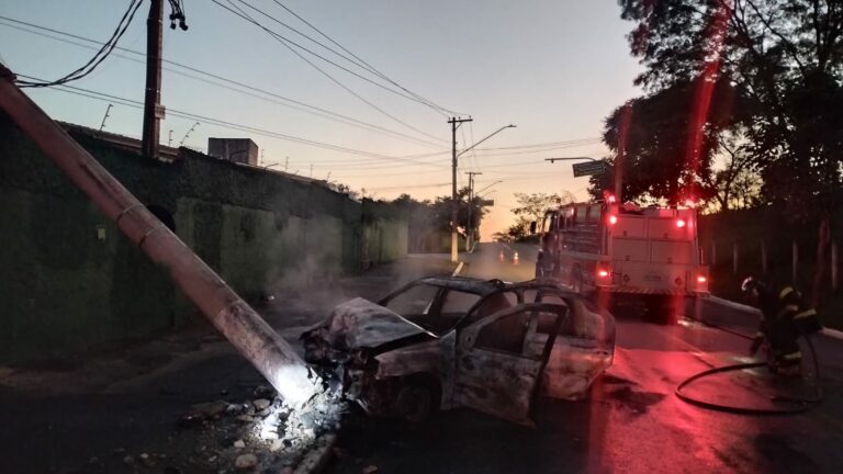 VÍDEO: Carro pega fogo após bater e derrubar poste de energia em Caçapava