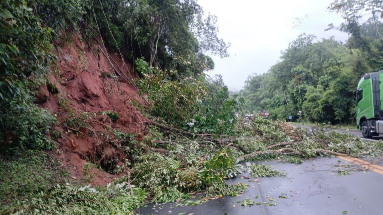 Rodovia Padre Manoel da Nóbrega é interditada após deslizamento de terra