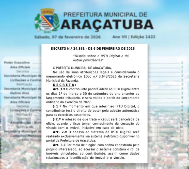 Araçatuba institui IPTU Digital com adesão a partir de março