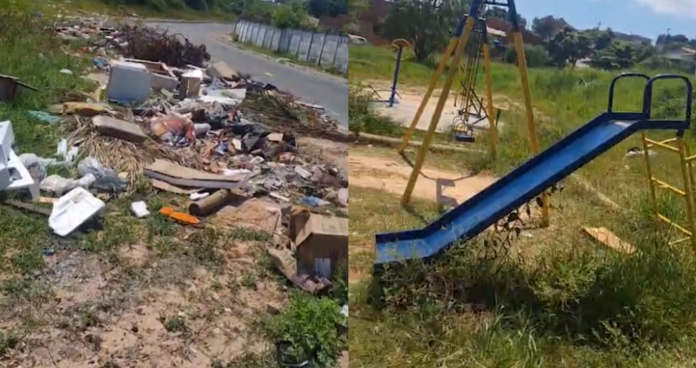 Mato alto engole brinquedos e praça vira ponto de lixo em Campinas