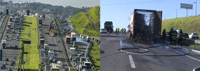 Colisão entre caminhões deixa ferido e interdita faixas na rodovia Dom Pedro I Colisão entre caminhões deixa ferido e interdita faixas na rodovia Dom Pedro I